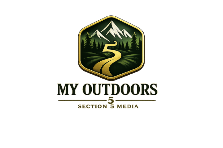 My Outdoors — mountain and pine-forest shield with a gold winding 5-path